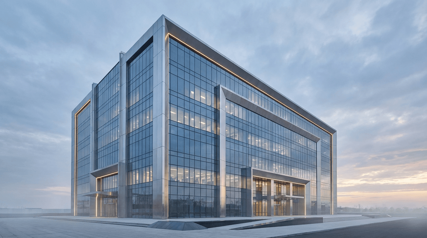 Modern glass office building at dusk with soft lighting and cool atmospheric tones conveying professional stability.