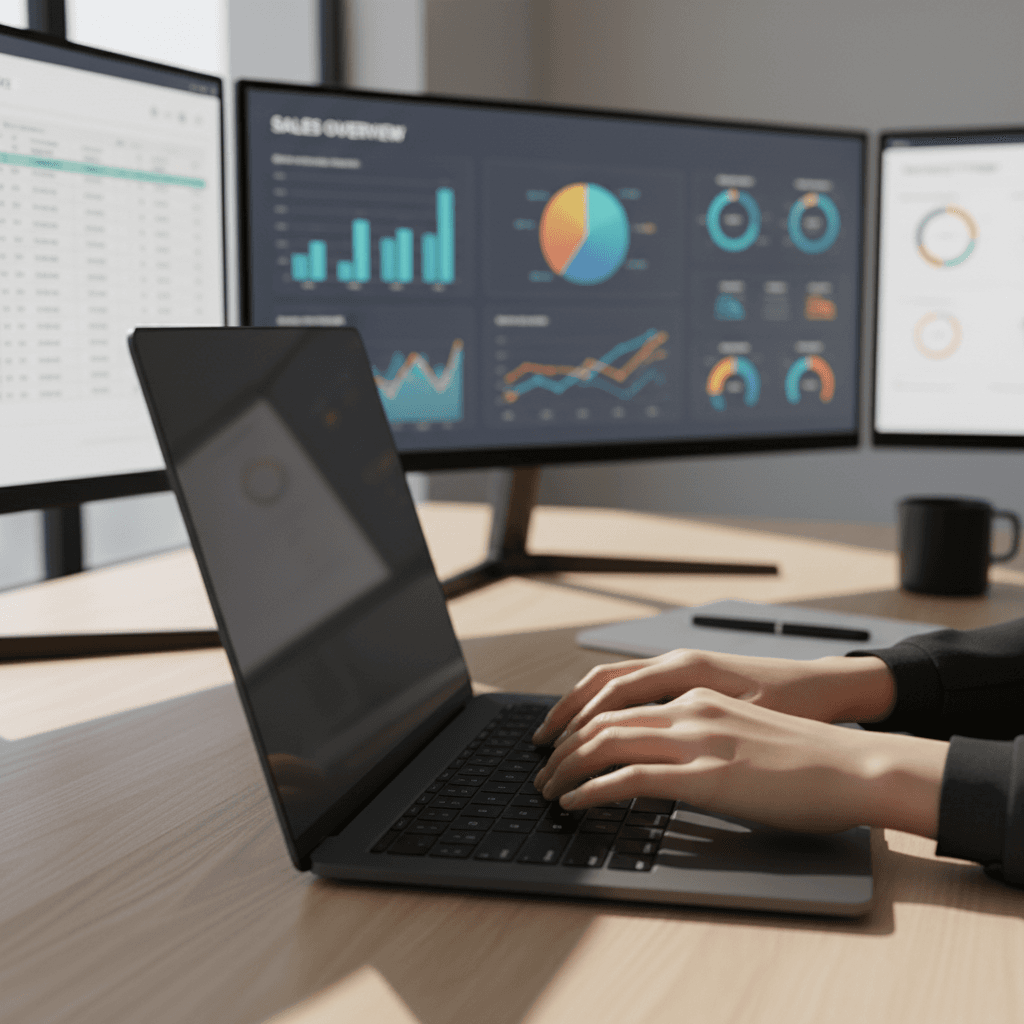 Professional analyst working with Excel spreadsheets and VBA automation dashboards at a modern workstation