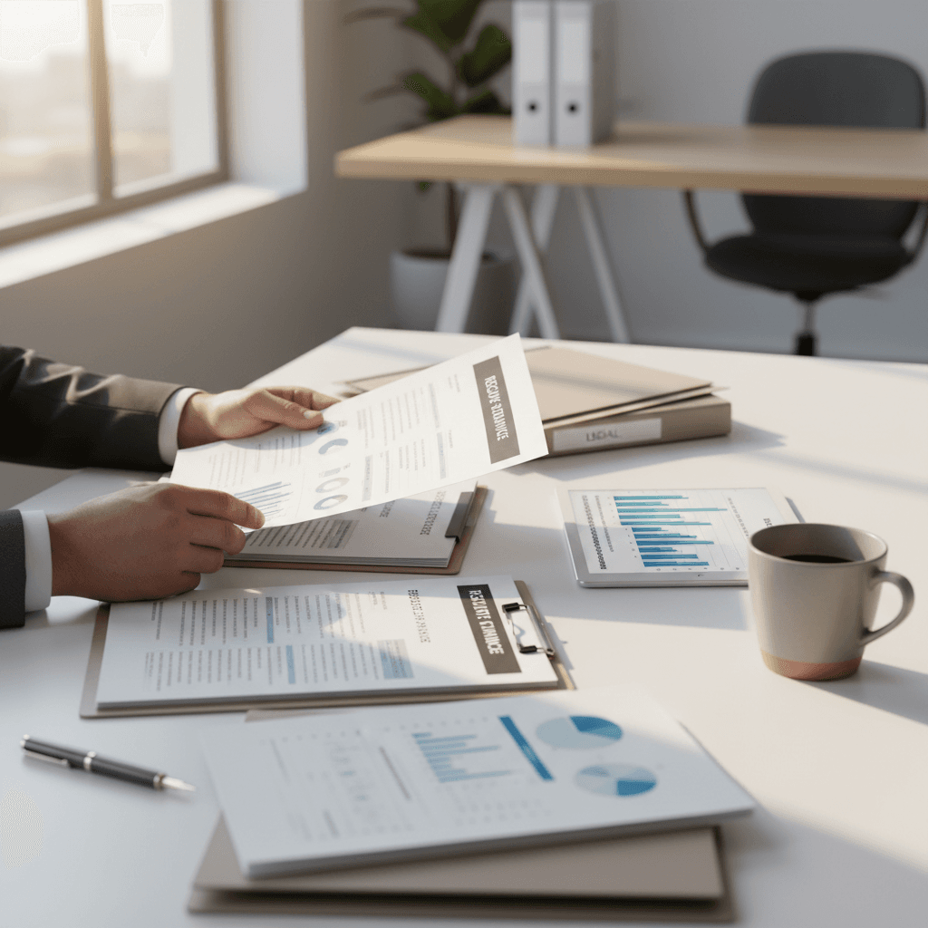 Professional consultant reviewing ISAE 3402 compliance documentation in a bright modern office setting